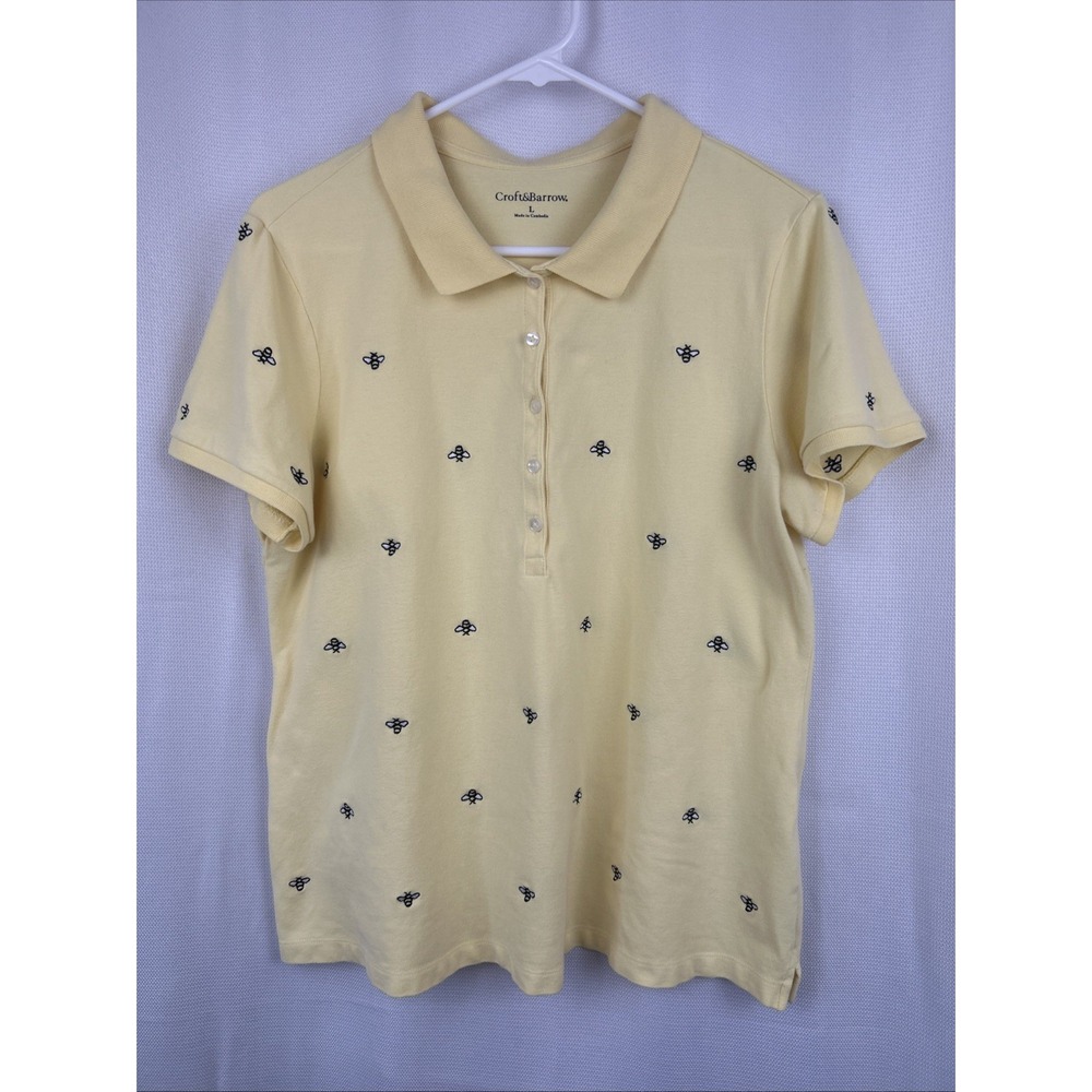 Butter Yellow Women's Short Sleeve Polo Embroidered Bees Preppy Golf Large